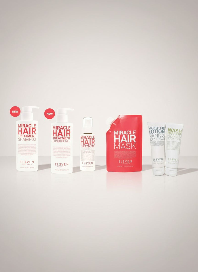 Eleven Australia Miracle Hair Treatment Set with shampoo, conditioner, leave-in treatment, mask, body wash, and lotion.