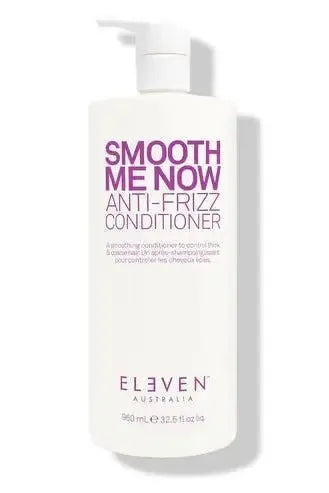 White bottle of 'Smooth Me Now Anti-Frizz Conditioner' by Eleven Australia on a white background - hair Care Canada