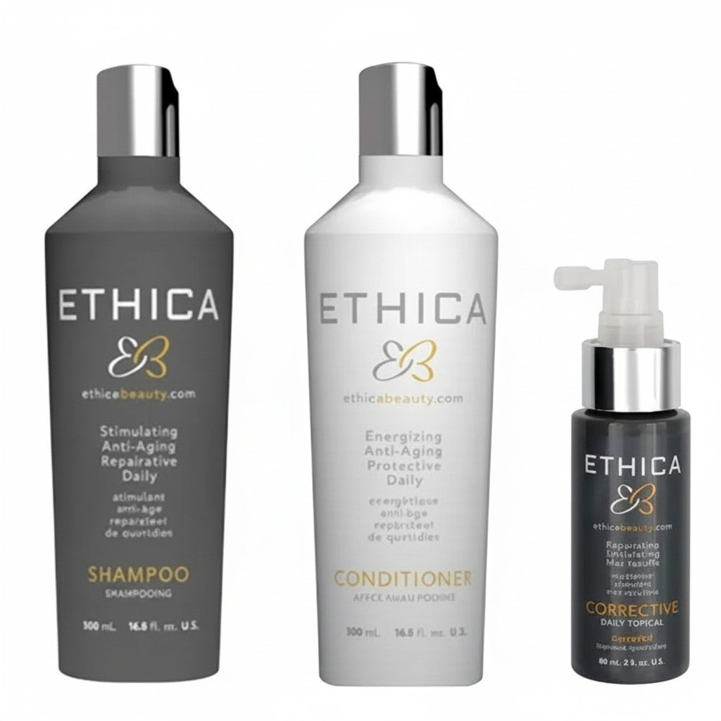 Hair Care Canada Ethica Hair Care Trio: shampoo, conditioner, and corrective topical for strength, repair, and growth.