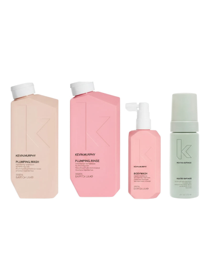 Kevin Murphy Plumping Trio hair care set with wash, rinse, body mass treatment, and heated defense spray in pink and green bottles.