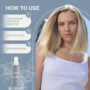 A woman with damp blonde hair wears a white ribbed tank top, shown beside a bottle of Neuma hair product and a blue instructional panel with steps for use.