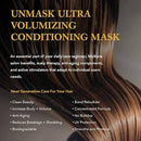 Promotional graphic for Unmask Ultra Volumizing Conditioning Mask with large yellow text over a close-up of long brown hair on a dark background.