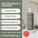 A bottle of Neuma hair product displayed on a pedestal with promotional text on the left, including 'Better Beauty Choices' and feature badges such as 'Cruelty-Free', 'Gluten-Free', and 'Natural Fragrance'.
