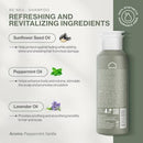 Neu Re Nu Shampoo bottle shown on the right side of a promotional graphic with ingredient callouts: sunflower seed oil, peppermint oil, and lavender oil. The bottle is a muted gray-green with a white cap, and the background is split between white and a dark sage green panel.