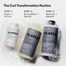 Three Olaplex hair care products with step-by-step instructions on a white background