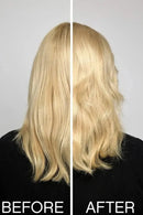 Before and after comparison of blonde hair on a plain background- Hair Care Canada