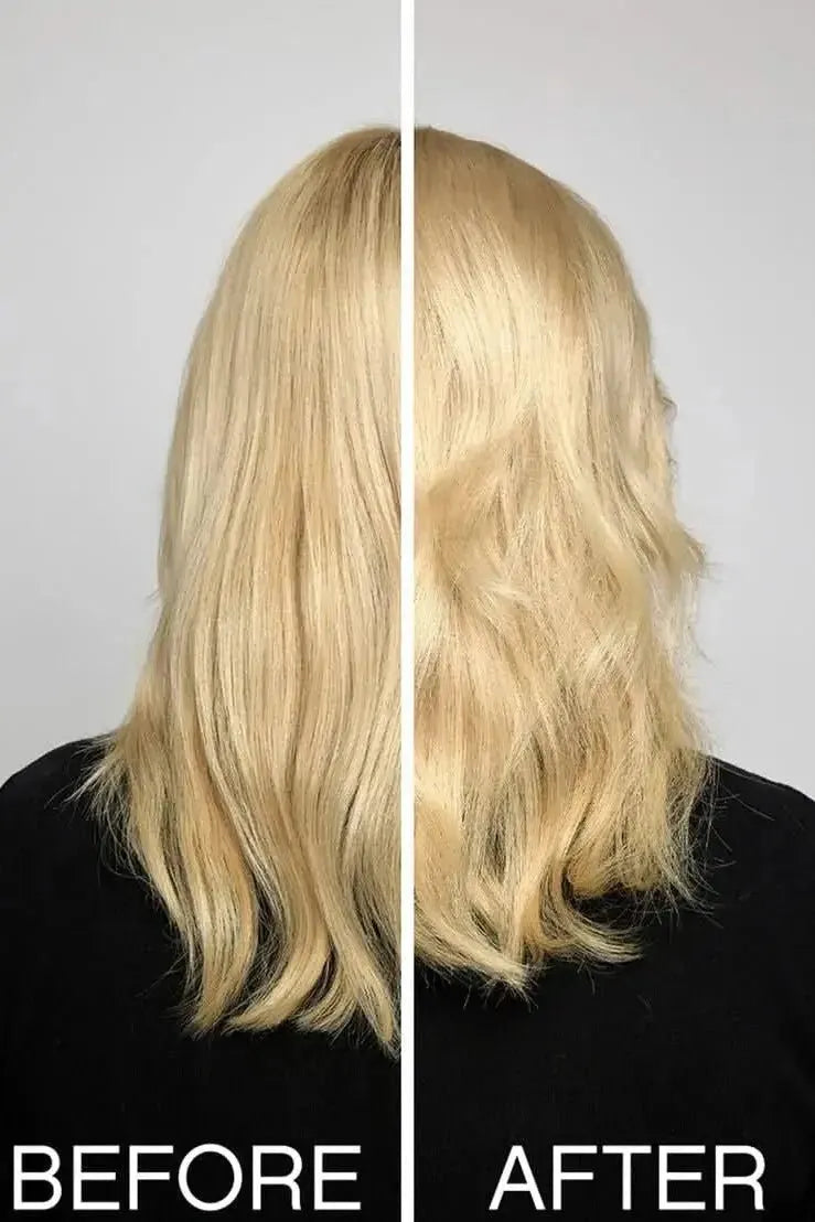 Before and after comparison of blonde hair on a plain background- Hair Care Canada