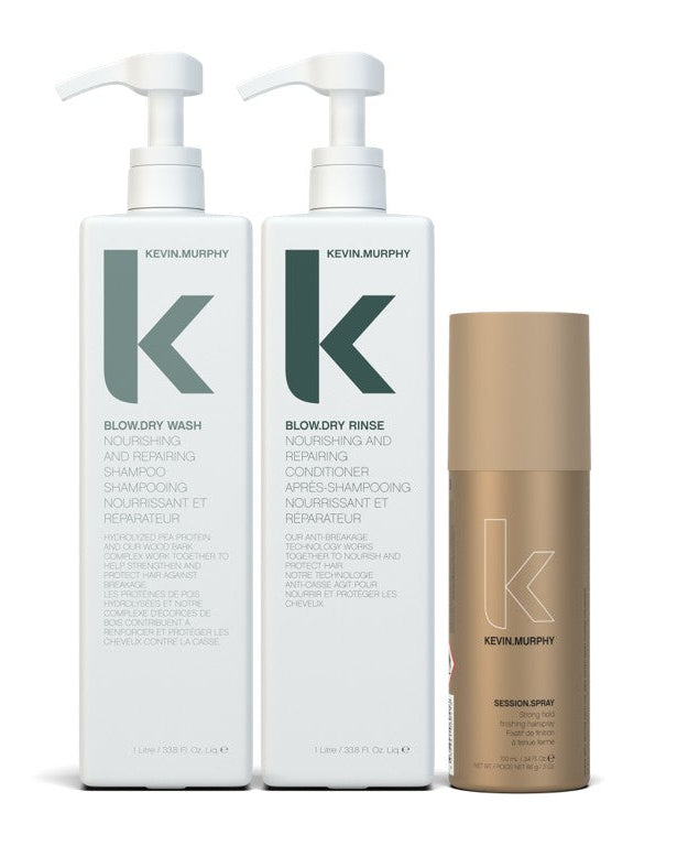 Kevin Murphy hair care products including 'Blowdry Wash' and 'Blowdry Rinse' on a white background - Hair Care Canada