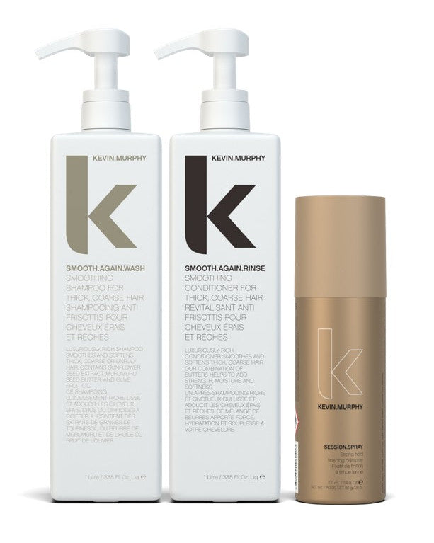 Kevin Murphy hair care products including a shampoo, conditioner, and session spray on a white background - Hair Care Canada