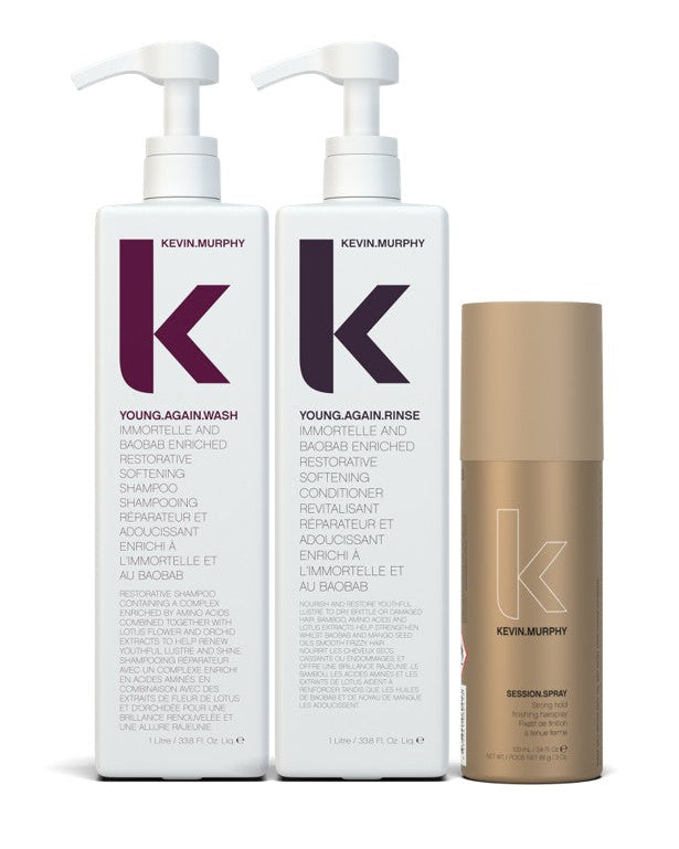 Two Kevin Murphy bottles and a spray can on a white background - Hair Care Canada