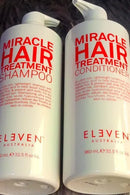 Two bottles of Eleven Australia Miracle Hair Treatment Shampoo and Conditioner on a textured surface Hair Care Canada