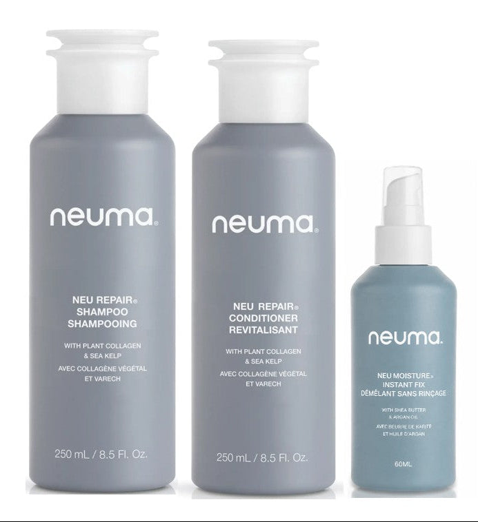 Three Neuma hair care bottles on a white background: a large gray shampoo bottle, a large gray conditioner bottle, and a smaller light blue spray bottle- Hair Care Canada
