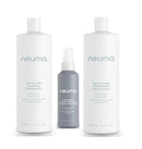 Neuma hair care product set including shampoo, conditioner, and leave-in treatment on a white background