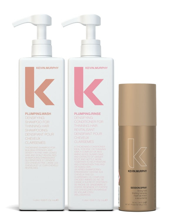 Two Kevin Murphy Plumping bottles and a Session Spray can on a white background - Hair Care Canada