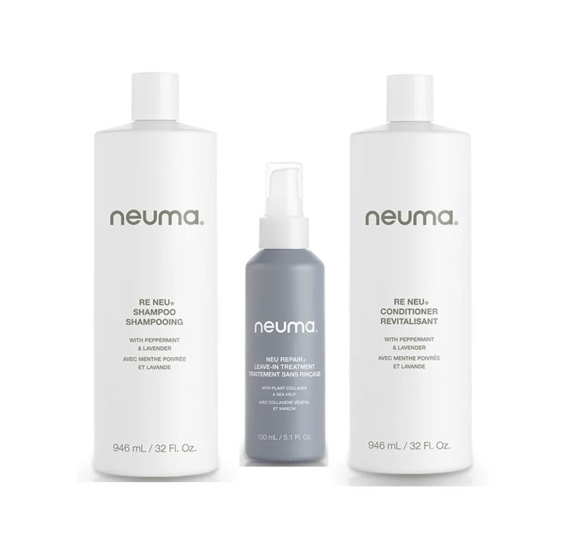 Neuma hair care product set including shampoo, conditioner, and leave-in treatment on a white background - Hair Care Canada