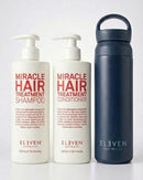 Two bottles of 'Miracle Hair Treatment' shampoo and conditioner, and a navy water bottle with 'Eleven Australia' branding on a white background - Hair Care Canada